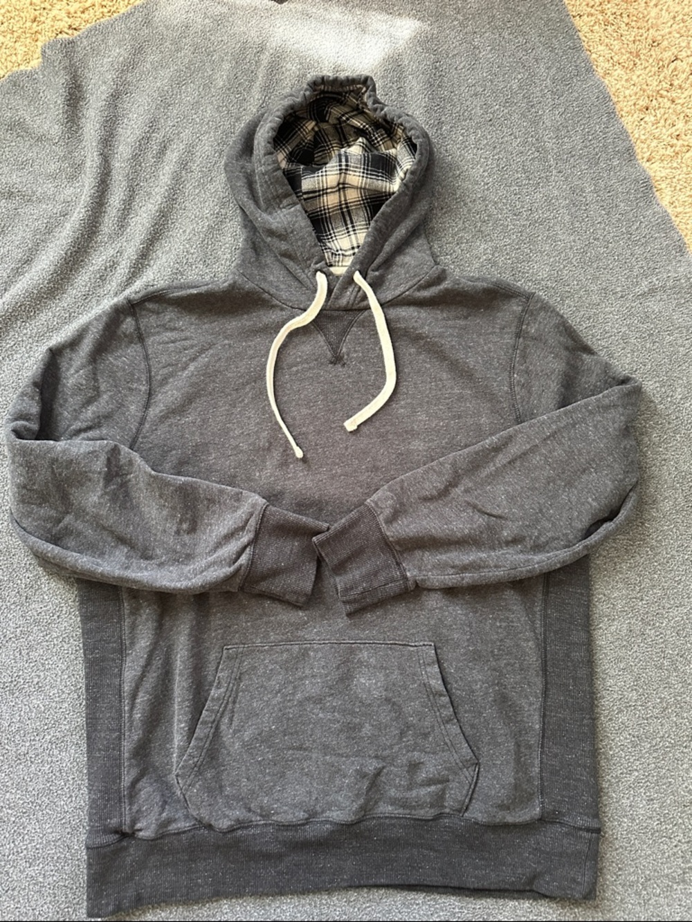American Eagle Outfitters Charcoal Gray Hooded Pullover with Plaid Lining